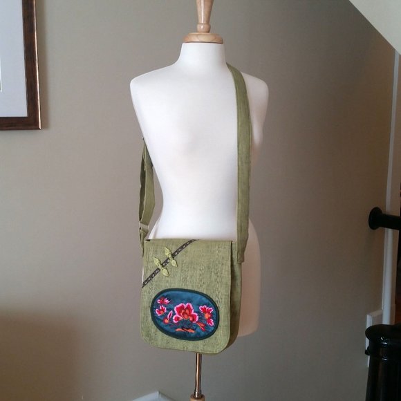 Linen Front Flap Cross Body Bag with Embroidered Front - Picture 3 of 7